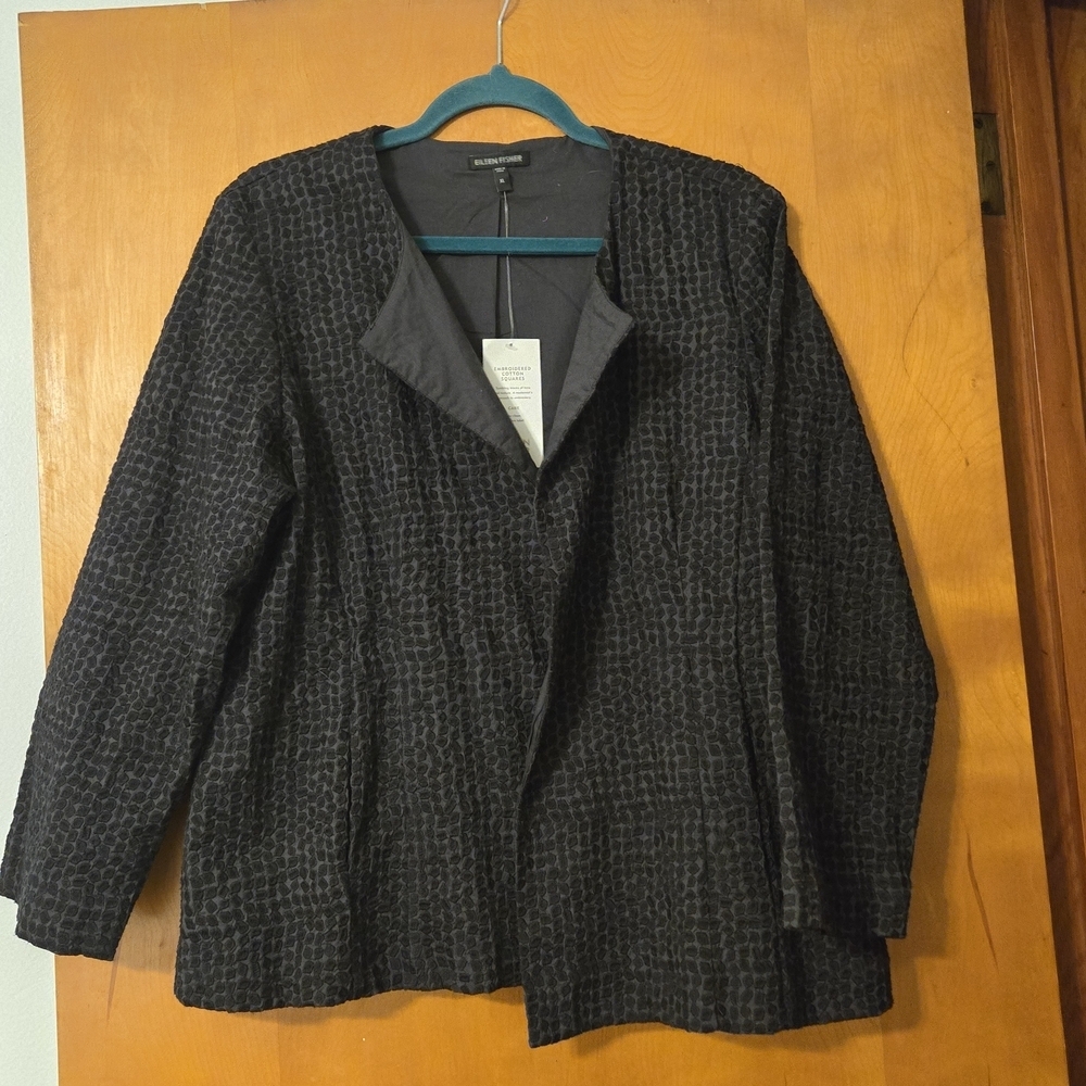 NWT Eileen Fisher Embroidered Cotton Squares Jacket Black Size XL